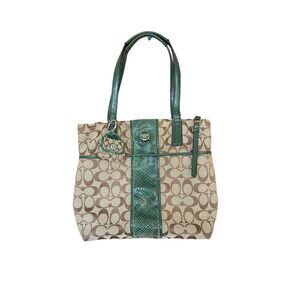 Coach Womens Khaki & Green Double Handle Signature Stripe Python Tote Bag